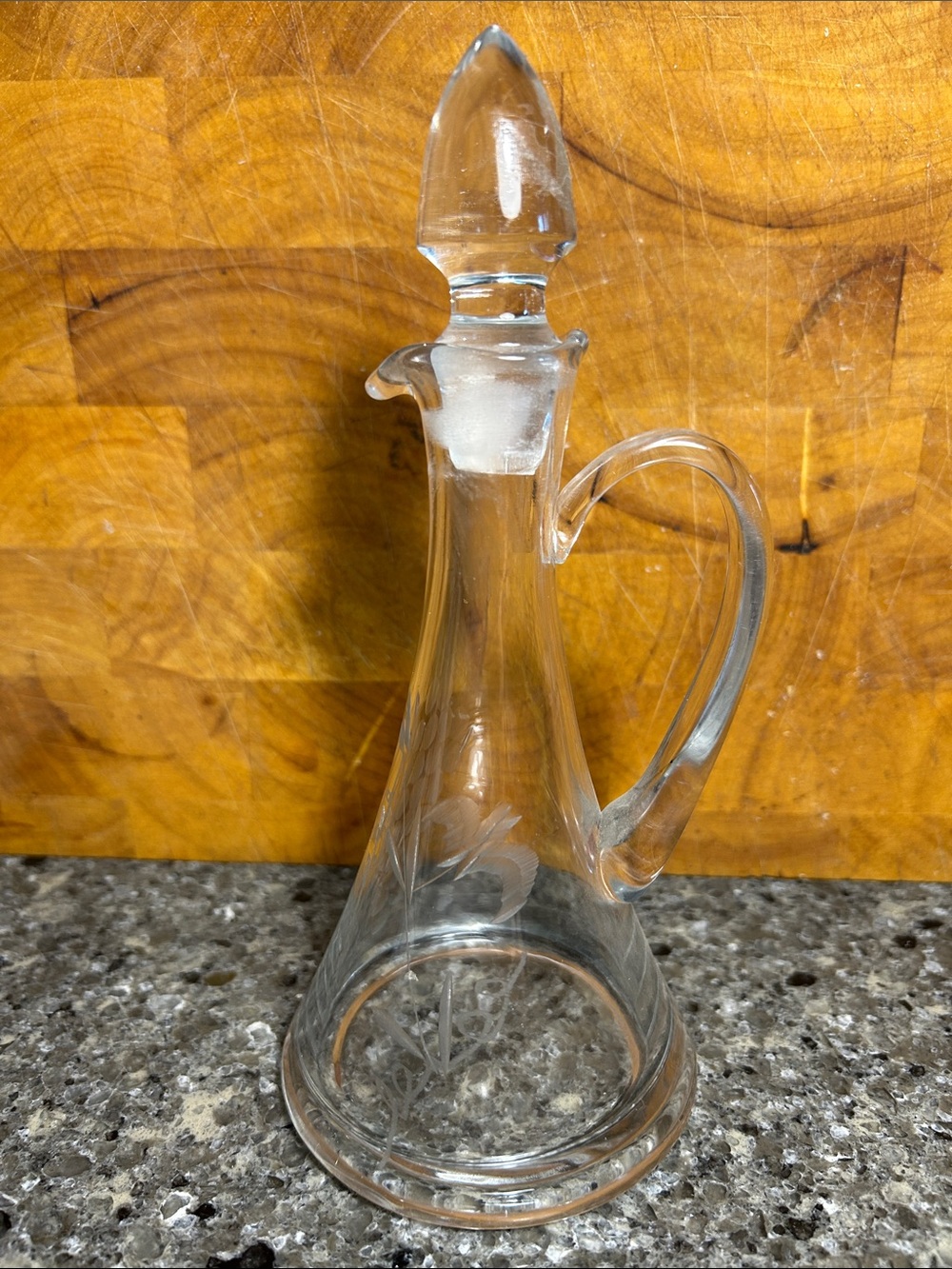 Vintage Handmade etched glass oil or vinegar bottle
